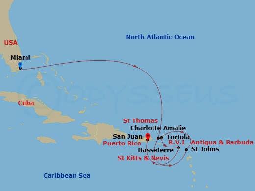 Route map: Miami → Charlotte Amalie (Saint Thomas) → St. John's (Antigua) → Tortola/Road Town → Basseterre → San Juan