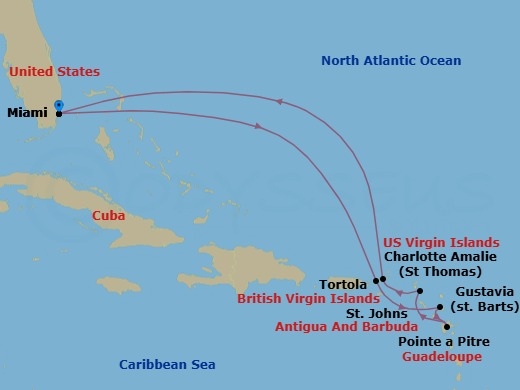 Route map: Miami → Charlotte Amalie → St. John's → Pointe A Pitre → Gustavia → Tortola → Miami