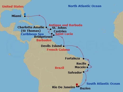 Route map: Miami → St Thomas (Charlotte Amalie) → St. Johns → Castries → Bridgetown → Devils Island → Fortaleza → Recife → Maceio → Salvador