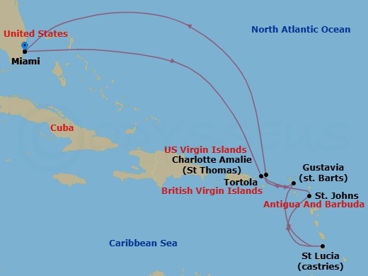 Route map: Miami → Charlotte Amalie → St. John's → Castries → Gustavia → Tortola → Miami