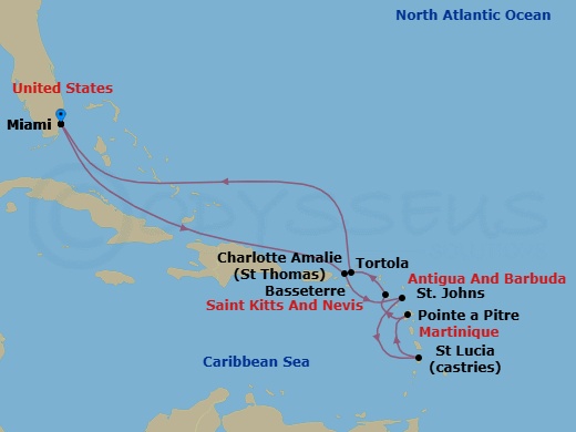 Route map: Miami → Charlotte Amalie → St. John's → Castries → Pointe A Pitre → Basseterre → Tortola → Miami