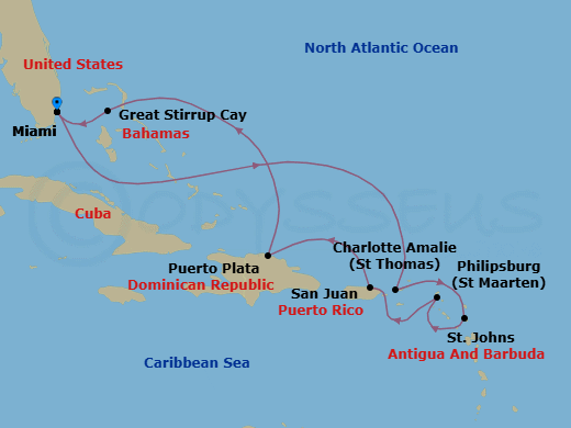 Route map: Miami → Charlotte Amalie → St. John's → Philipsburg → San Juan → Puerto Plata → Great Stirrup Cay → Miami