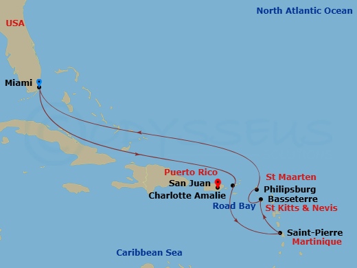 Route map: Miami → Charlotte Amalie (Saint Thomas) → Road Bay → Saint-Pierre → Basseterre → St. Maarten/Philipsburg → San Juan