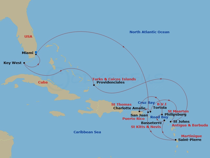 Route map: Miami → Charlotte Amalie (Saint Thomas) → Road Bay → Saint-Pierre → Basseterre → St. Maarten/Philipsburg → San Juan → Tortola/Road Town → St. John's (Antigua) → Providenciales