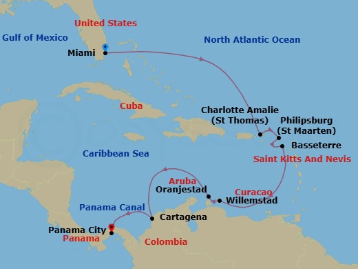 Route map: Miami → Charlotte Amalie → Philipsburg → Basseterre → Willemstad → Oranjestad → Cartagena → Panama Canal Daylight Transit → Panama City