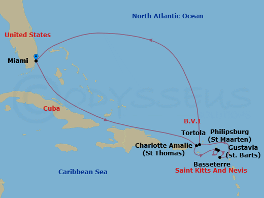 Route map: Miami → Charlotte Amalie → Philipsburg → Gustavia → Basseterre → Tortola → Miami