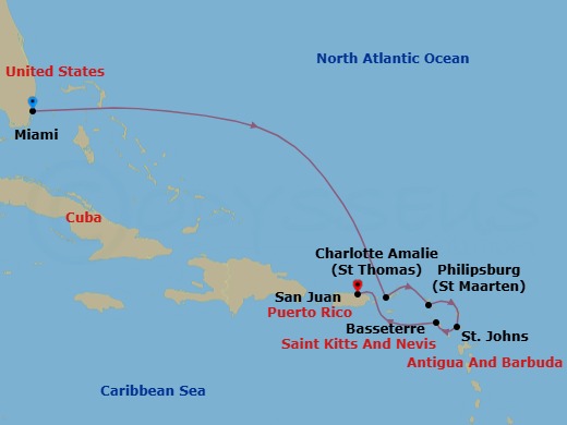 Route map: Miami → Charlotte Amalie → Philipsburg → St. John's → Basseterre → San Juan