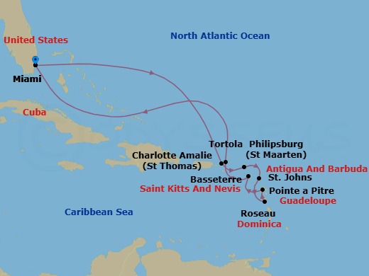 Route map: Miami → Charlotte Amalie → Philipsburg → St. John's → Roseau → Pointe A Pitre → Basseterre → Tortola → Miami