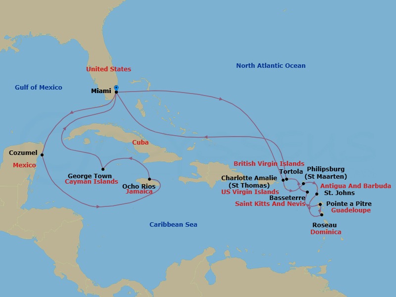 Route map: Miami → Charlotte Amalie → Philipsburg → St Johns → Roseau → Pointe A Pitre → Basseterre → Tortola → Miami → Cozumel