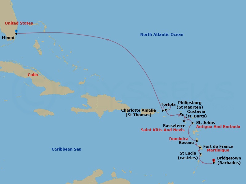 Route map: Miami → Charlotte Amalie → Tortola → Philipsburg → Gustavia → Basseterre → St. John's → Roseau → Fort-De-France → Castries