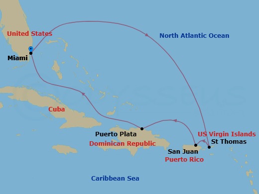 Route map: PortMiami → St Thomas, US Virgin Islands → San Juan, Puerto Rico → Puerto Plata, Dominican Republic → PortMiami