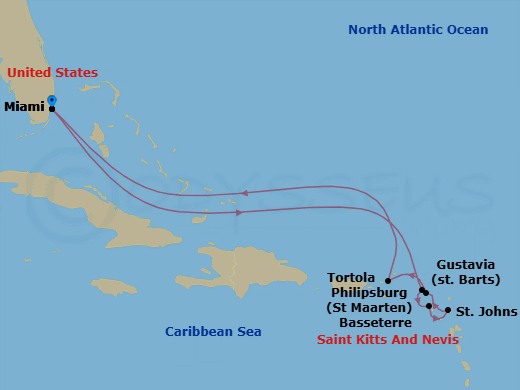 Route map: Miami → Philipsburg → Basseterre → St. John's → Gustavia → Tortola → Miami