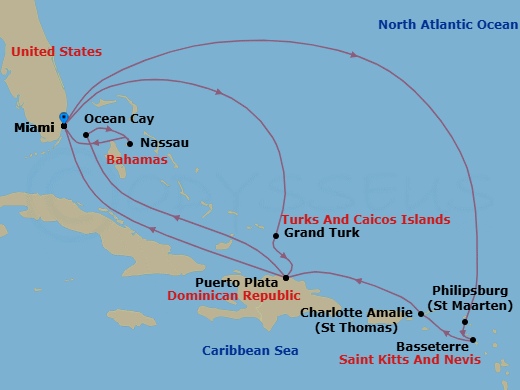 Route map: Miami Florida → Philipsburg St. Maarten → Basseterre St Kitts & Nevis → Charlotte Amalie (St. Thomas) Virgin Islands → Puerto Plata Dominican Republic → Miami Florida → Grand Turk Island Turks and Caicos → Puerto Plata Dominican Republic → Ocean Cay MSC Marine Reserve Bahamas → Nassau Bahamas