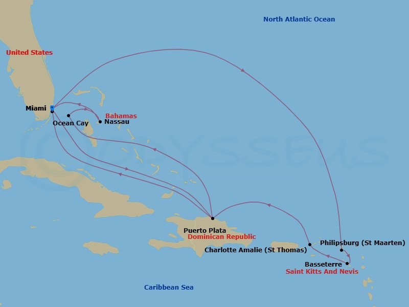 Route map: Miami Florida → Philipsburg St. Maarten → Basseterre St Kitts & Nevis → Charlotte Amalie (St. Thomas) Virgin Islands → Puerto Plata Dominican Republic → Miami Florida → Puerto Plata Dominican Republic → Ocean Cay MSC Marine Reserve Bahamas → Nassau Bahamas → Miami Florida