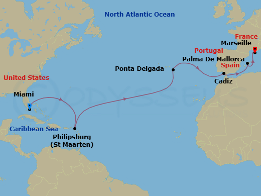 Route map: Miami Florida → Philipsburg St. Maarten → Ponta Delgada (Azores) Portugal → Cadiz (Seville) Spain → Palma de Mallorca (Baleari Is.) Spain → Marseille (Provence) France
