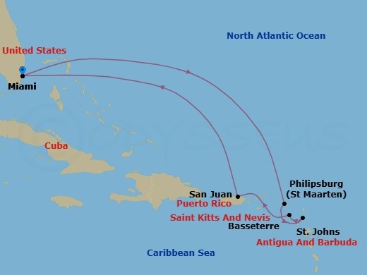 Route map: Miami → Philipsburg → St. John's → Basseterre → San Juan → Miami