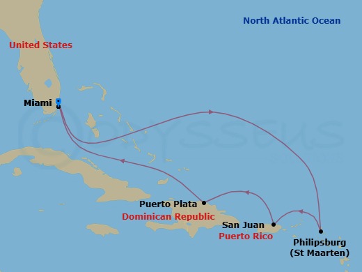 Route map: Miami, Florida → Philipsburg, St. Maarten → San Juan, Puerto Rico → Puerto Plata, Dominican Rep → Miami, Florida