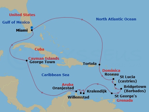Route map: Miami → Tortola → Roseau → Castries → Bridgetown → St. George's → Bonaire (Kralendijk) → Willemstad → Oranjestad → George Town