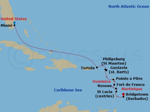 Route map: Miami → Tortola → Gustavia → Philipsburg → Pointe A Pitre → Roseau → Fort De France → Castries → Bridgetown