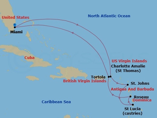 Route map: Miami → Cruisnig Bahamian Waters → Tortola → St. John's → Castries → Roseau → Charlotte Amalie → Cruisnig Bahamian Waters → Miami