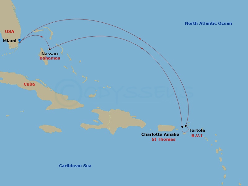 Route map: Miami → Tortola → Charlotte Amalie → Nassau → Miami