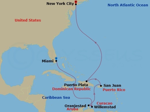 Route map: Miami, Fl → Willemstad, Netherland Antilles → Oranjestad, Aruba → San Juan, Pr → Puerto Plata, Dominican Republic → New York City, Ny
