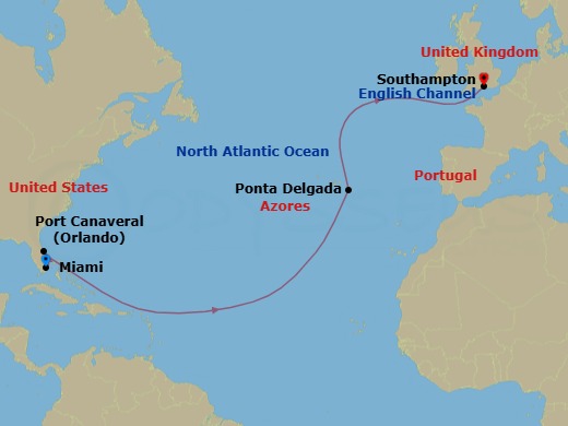 Route map: Miami, FL, USA → Port Canaveral, FL, USA → Ponta Delgada, Azores, Portugal → Southampton, England, UK