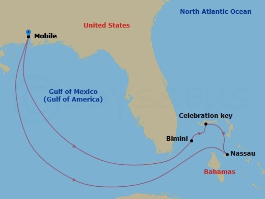 Route map: Mobile → Bimini → Celebration Key, The Bahamas → Nassau → Mobile