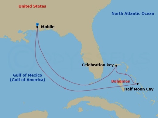 Route map: Mobile → Celebration Key, The Bahamas → Half Moon Cay, The Bahamas → Mobile