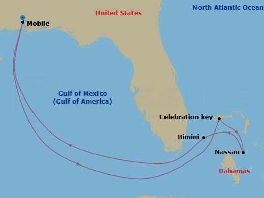 Route map: Mobile → Celebration Key, The Bahamas → Nassau → Bimini → Mobile
