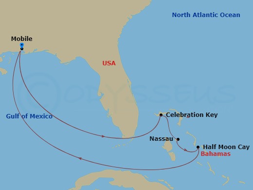 Route map: Mobile → Celebration Key, The Bahamas → Nassau → Half Moon Cay, The Bahamas → Mobile