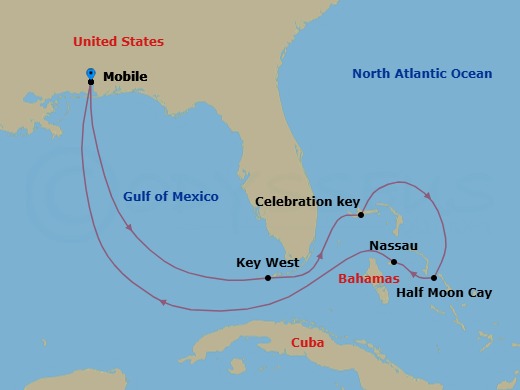 Route map: Mobile, Al → Key West, Fl → Celebration Key, The Bahamas → Relaxaway, Half Moon Cay → Nassau, The Bahamas → Mobile, Al