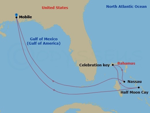 Route map: Mobile → Half Moon Cay, The Bahamas → Celebration Key, The Bahamas → Nassau → Mobile