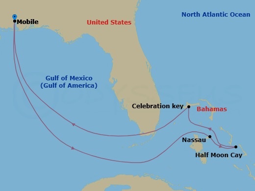 Route map: Mobile → Nassau → Half Moon Cay, The Bahamas → Celebration Key, The Bahamas → Mobile