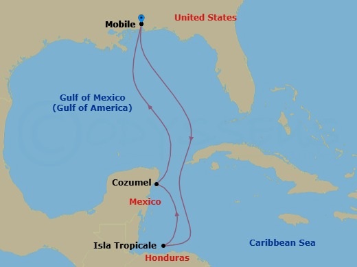 Route map: Mobile → Isla Tropicale, Roatan → Cozumel → Mobile