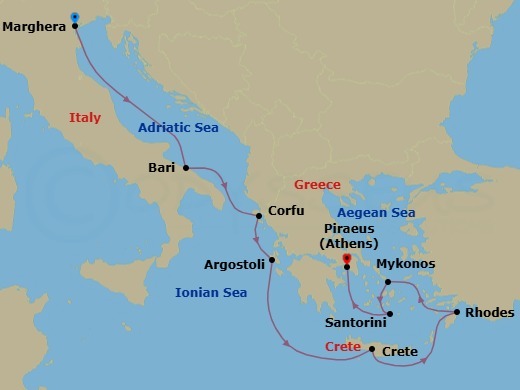 Route map: Marghera (Venice) → Bari → Corfu → Argostoli (Kefalonia) → Souda Bay (Crete) → Rhodes → Mykonos → Thira (Santorini) → Piraeus (Athens)