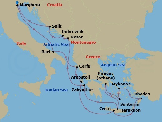 Route map: Marghera (Venice) → Bari → Corfu → Argostoli (Kefalonia) → Souda Bay (Crete) → Rhodes → Mykonos → Thira (Santorini) → Piraeus (Athens) → Heraklion (Crete)
