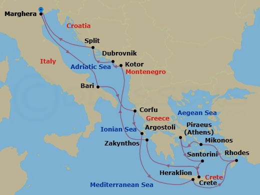 Route map: Marghera (Venice) → Bari → Corfu → Argostoli (Kefalonia) → Souda Bay (Crete) → Rhodes → Mykonos → Piraeus (Athens) → Thira (Santorini) → Heraklion (Crete)