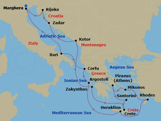Route map: Marghera (Venice) → Bari → Corfu → Argostoli (Kefalonia) → Souda Bay (Crete) → Rhodes → Mykonos → Piraeus (Athens) → Thira (Santorini) → Heraklion (Crete)