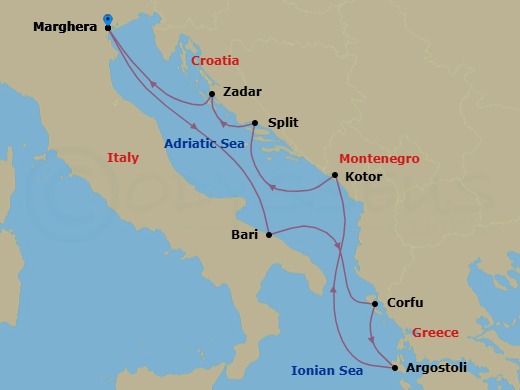 Route map: Marghera (Venice) → Bari → Corfu → Argostoli (Kefalonia) → Kotor → Split → Zadar → Marghera (Venice)