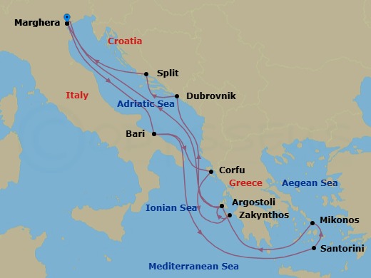 Route map: Marghera (Venice) → Bari → Corfu → Zakynthos → Argostoli (Kefalonia) → Dubrovnik → Split → Marghera (Venice) → Bari → Thira (Santorini)