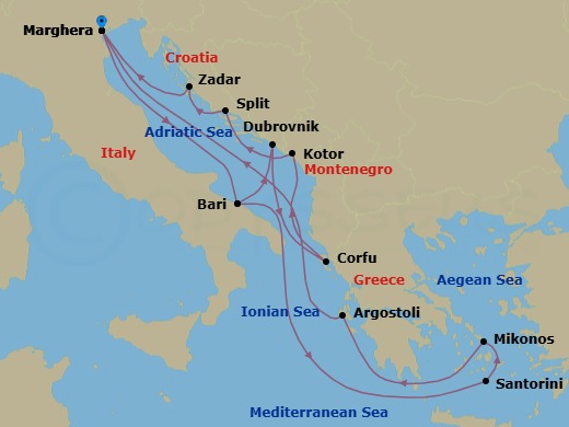 Route map: Marghera (Venice) → Bari → Dubrovnik → Corfu → Kotor → Split → Zadar → Marghera (Venice) → Bari → Thira (Santorini)