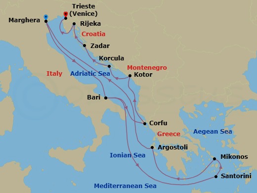 Route map: Marghera (Venice) → Bari → Thira (Santorini) → Mykonos → Argostoli (Kefalonia) → Marghera (Venice) → Bari → Corfu → Kotor → KORKULA (CROATIA)