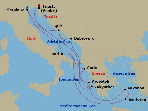 Route map: Marghera (Venice) → Bari → Thira (Santorini) → Mykonos → Argostoli (Kefalonia) → Marghera (Venice) → Bari → Corfu → Zakynthos → Argostoli (Kefalonia)