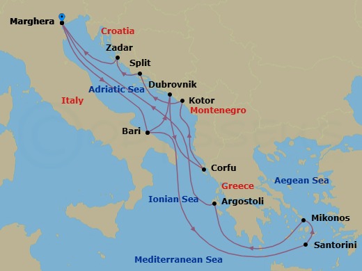 Route map: Marghera (Venice) → Bari → Thira (Santorini) → Mykonos → Argostoli (Kefalonia) → Marghera (Venice) → Bari → Dubrovnik → Corfu → Kotor