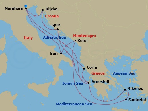 Route map: Marghera (Venice) → Bari → Thira (Santorini) → Mykonos → Argostoli (Kefalonia) → Marghera (Venice) → Bari → Kotor → Argostoli (Kefalonia) → Corfu