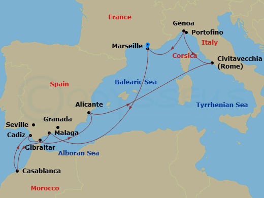 Route map: Marseille (Provence) France → Malaga (Granada) Spain → Casablanca (Marrakech) Morocco → Cadiz (Seville) Spain → Gibraltar Gibraltar → Alicante Spain → Civitavecchia (Rome) Italy → Genoa (Portofino) Italy → Marseille (Provence) France