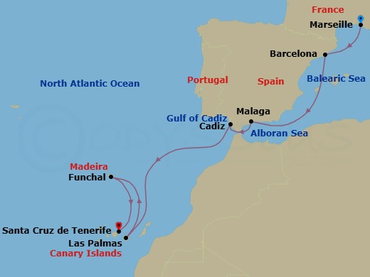 Route map: Marseille → Barcelona → Malaga → Cadiz → Las Palmas (Gran Canaria) → Funchal (Madeira) → Santa Cruz (Tenerife)