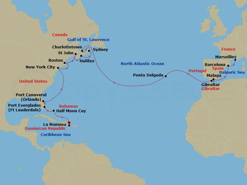 Route map: Marseille → Barcelona → Malaga → Gibraltar → Ponta Delgada (Azores) → CHARLOTTETOWN (CANADA) → SYDNEY Nova Scotia(Canada) → HALIFAX, NOVA SCOTIA (CANADA) → St John NB → BOSTON