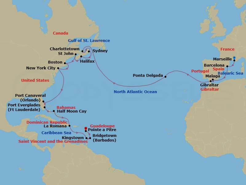 Route map: Marseille → Barcelona → Malaga → Gibraltar → Ponta Delgada (Azores) → CHARLOTTETOWN (CANADA) → SYDNEY Nova Scotia(Canada) → HALIFAX, NOVA SCOTIA (CANADA) → St John NB → BOSTON